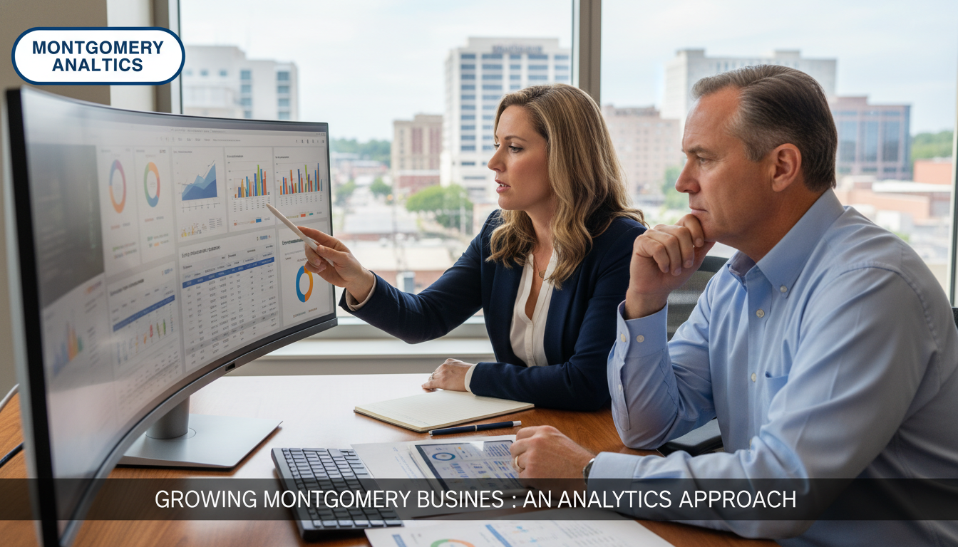 SEO strategist and Montgomery business owner reviewing analytics dashboard during consultation in modern office.