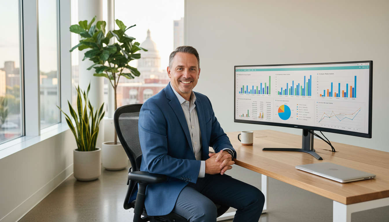 Professional business owner at modern office desk reviewing SEO analytics dashboard, Montgomery AL