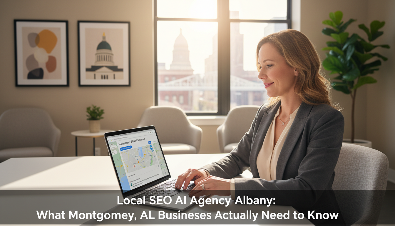 Professional business owner viewing Google search results in modern Montgomery office, local SEO visibility success
