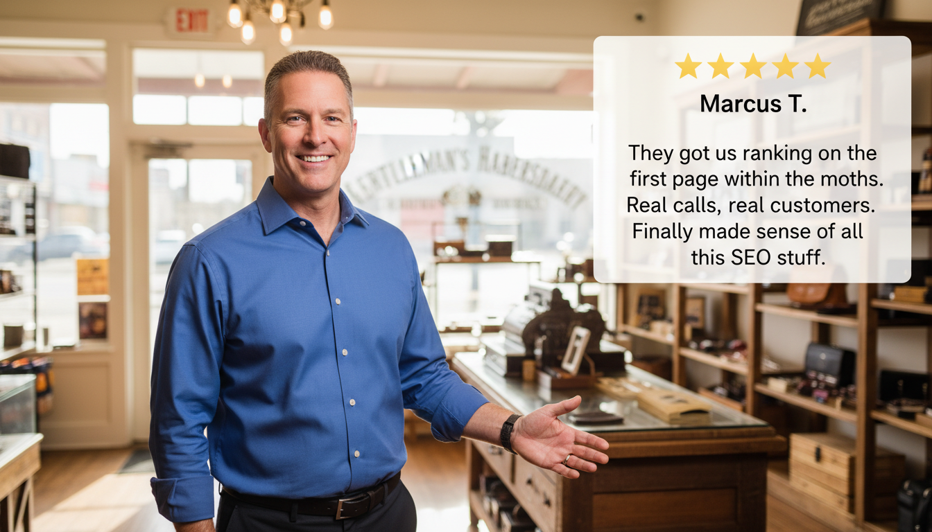 Satisfied Montgomery business owner Marcus T. with 5-star review: first-page rankings and real customer results