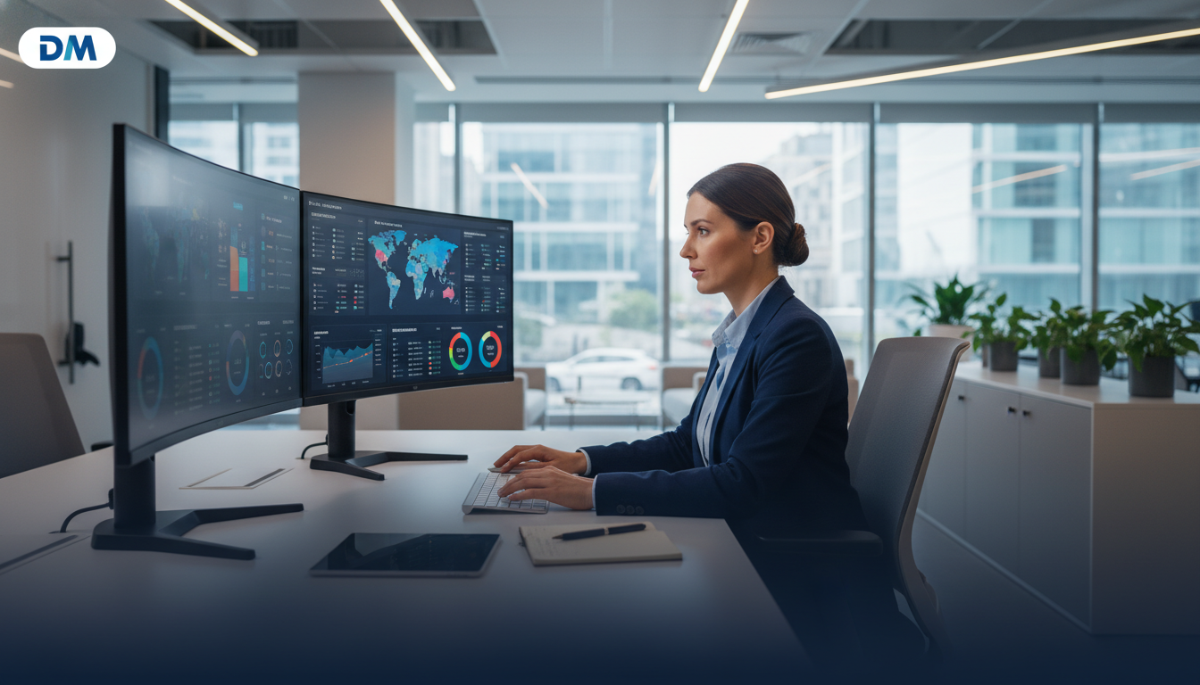 Professional SEO strategist working at desk with analytics monitors in modern office, representing AI-driven SEO services in Chattanooga.