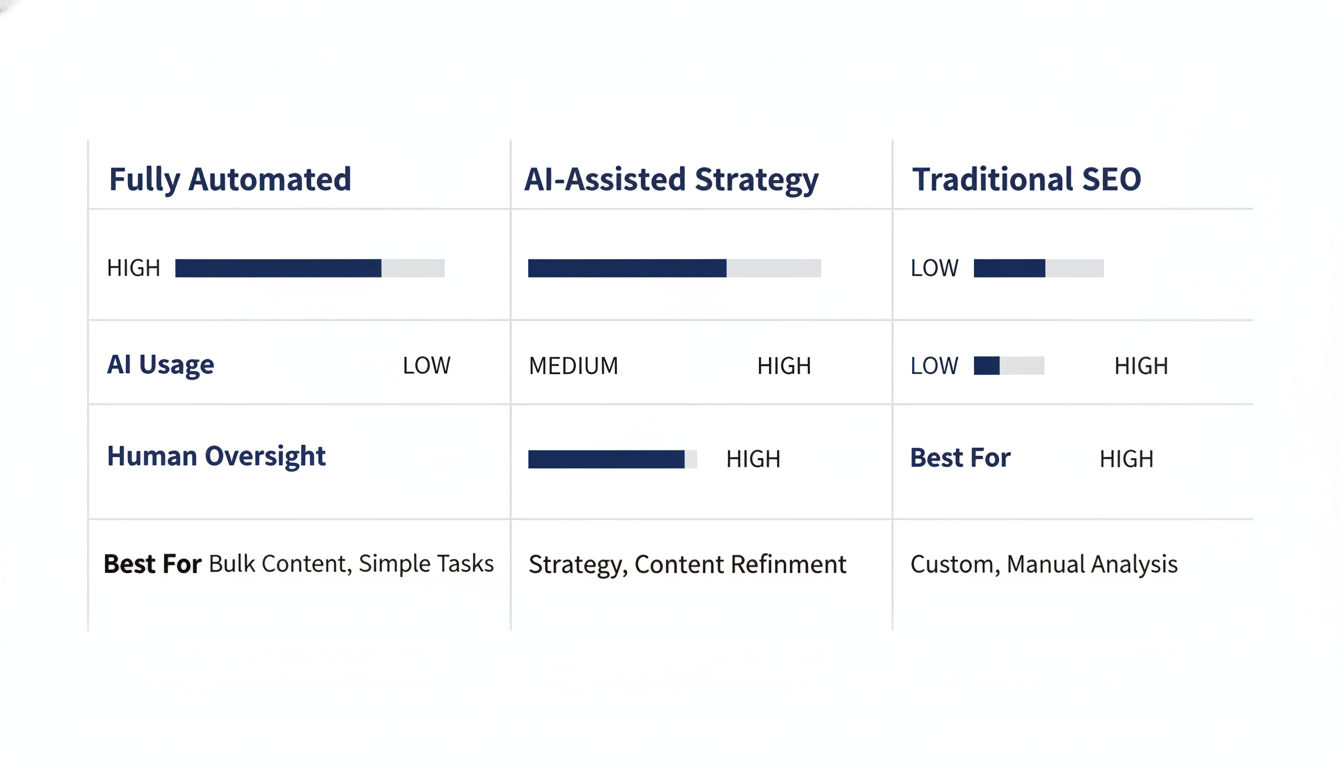 Comparison chart of three AI SEO agency approaches showing automation versus human oversight for Orlando SEO strategy selection.