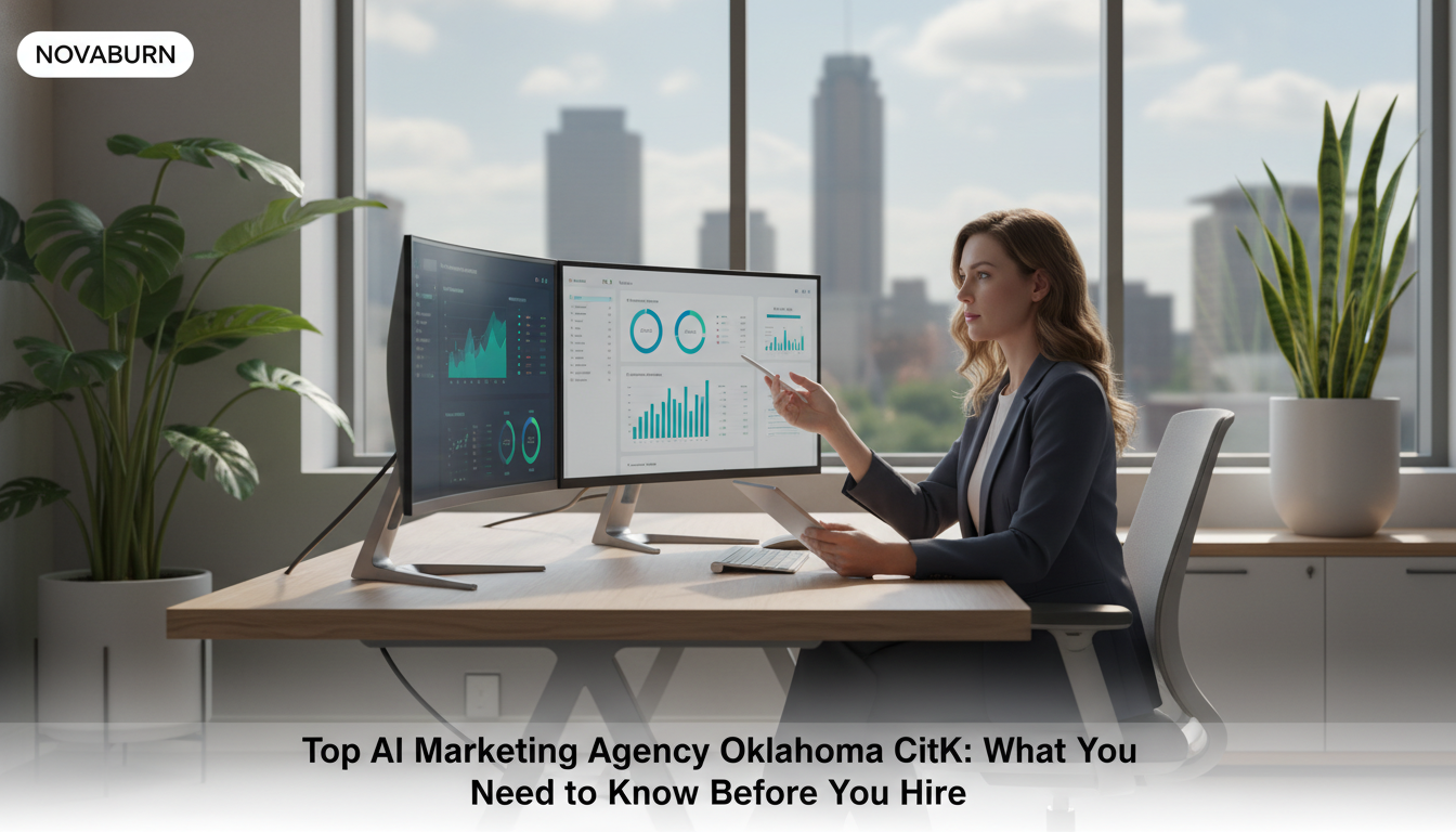 Marketing strategist working with AI analytics at modern office desk in Oklahoma City