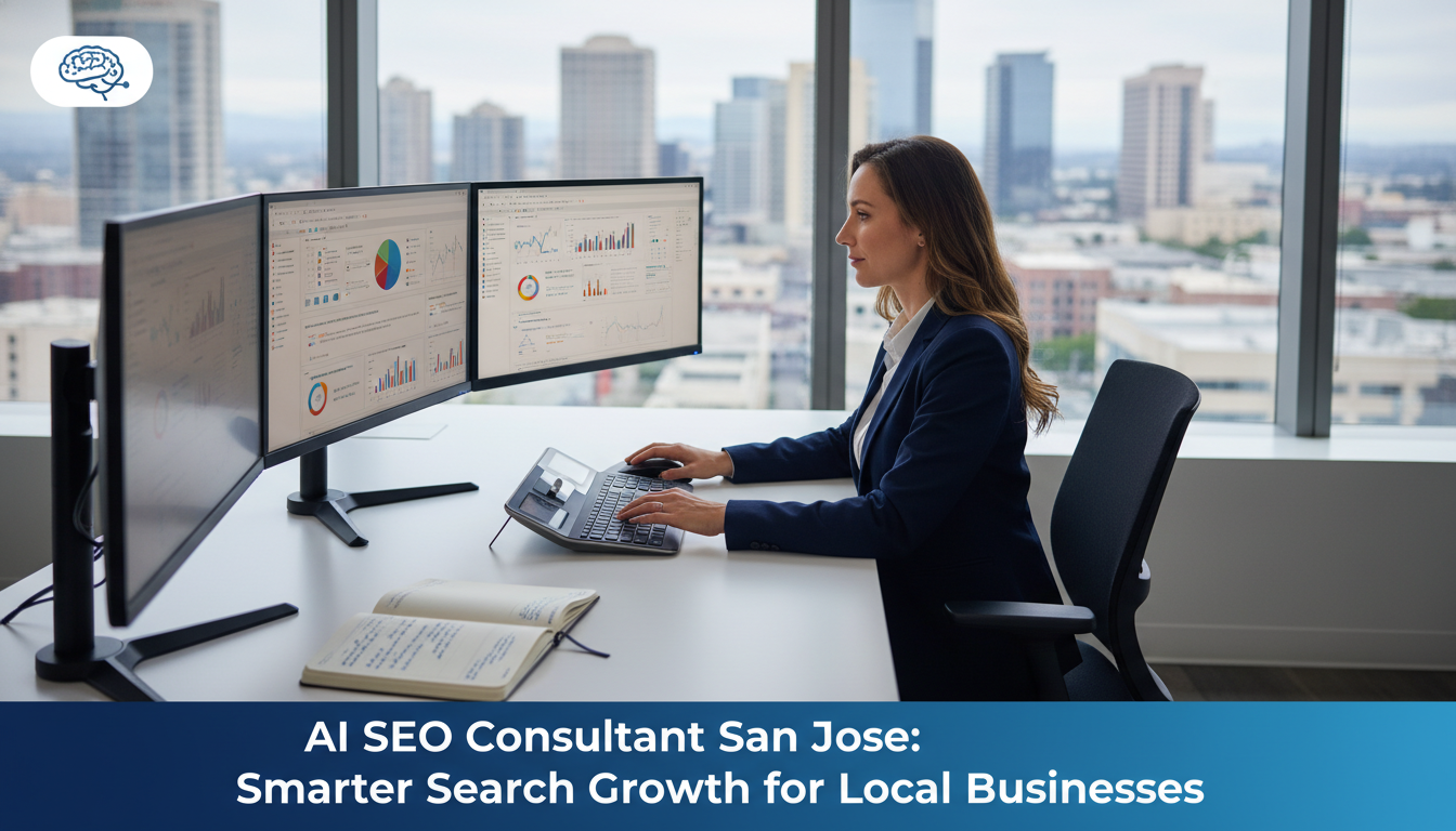 Professional consultant analyzing SEO data on monitors in modern San Jose office with downtown skyline view.