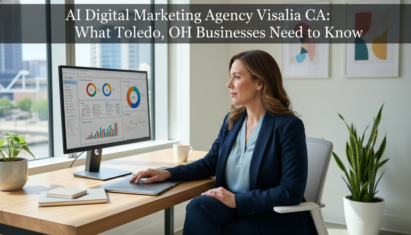 Visalia business owner working at marketing analytics dashboard in modern office setting