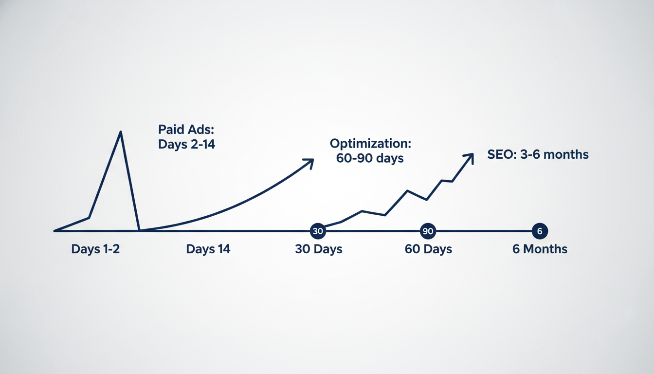 Timeline showing digital marketing results from days 1-6 months for Toledo businesses