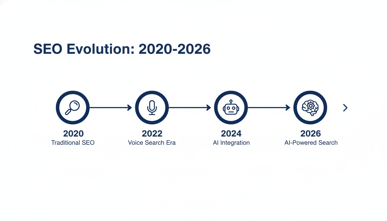 SEO evolution timeline 2020-2026 showing traditional to AI-powered search progression