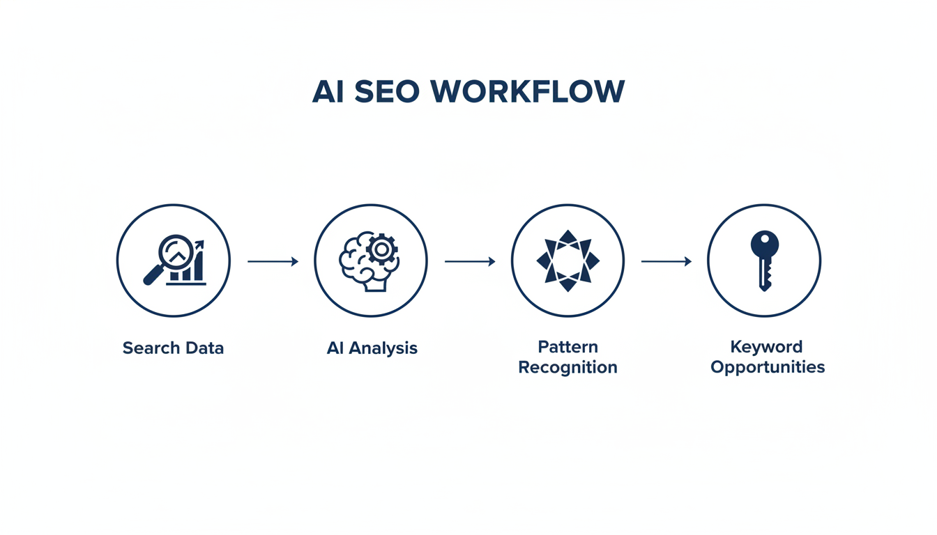 AI SEO workflow process diagram: search data to keyword opportunities, Toledo OH
