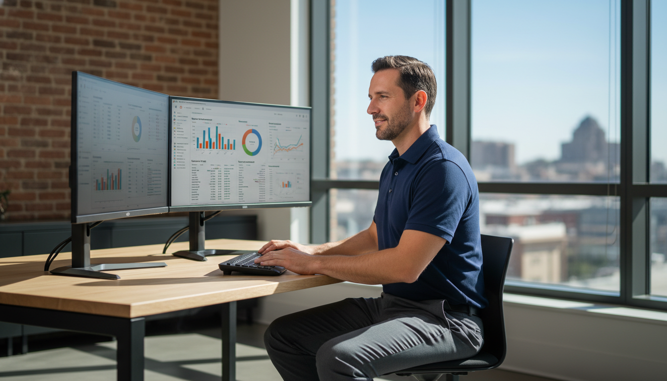 Professional analyst at modern office workstation with analytics dashboards, AI SEO services Toledo, OH