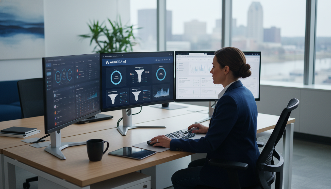 Digital marketer working at modern office desk with AI analytics dashboards, Oxnard digital marketing strategy