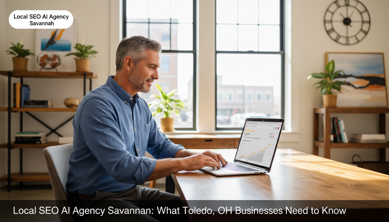 Savannah business owner viewing Google Business Profile and local rankings on laptop in modern retail office setting with natural lighting and confident expression