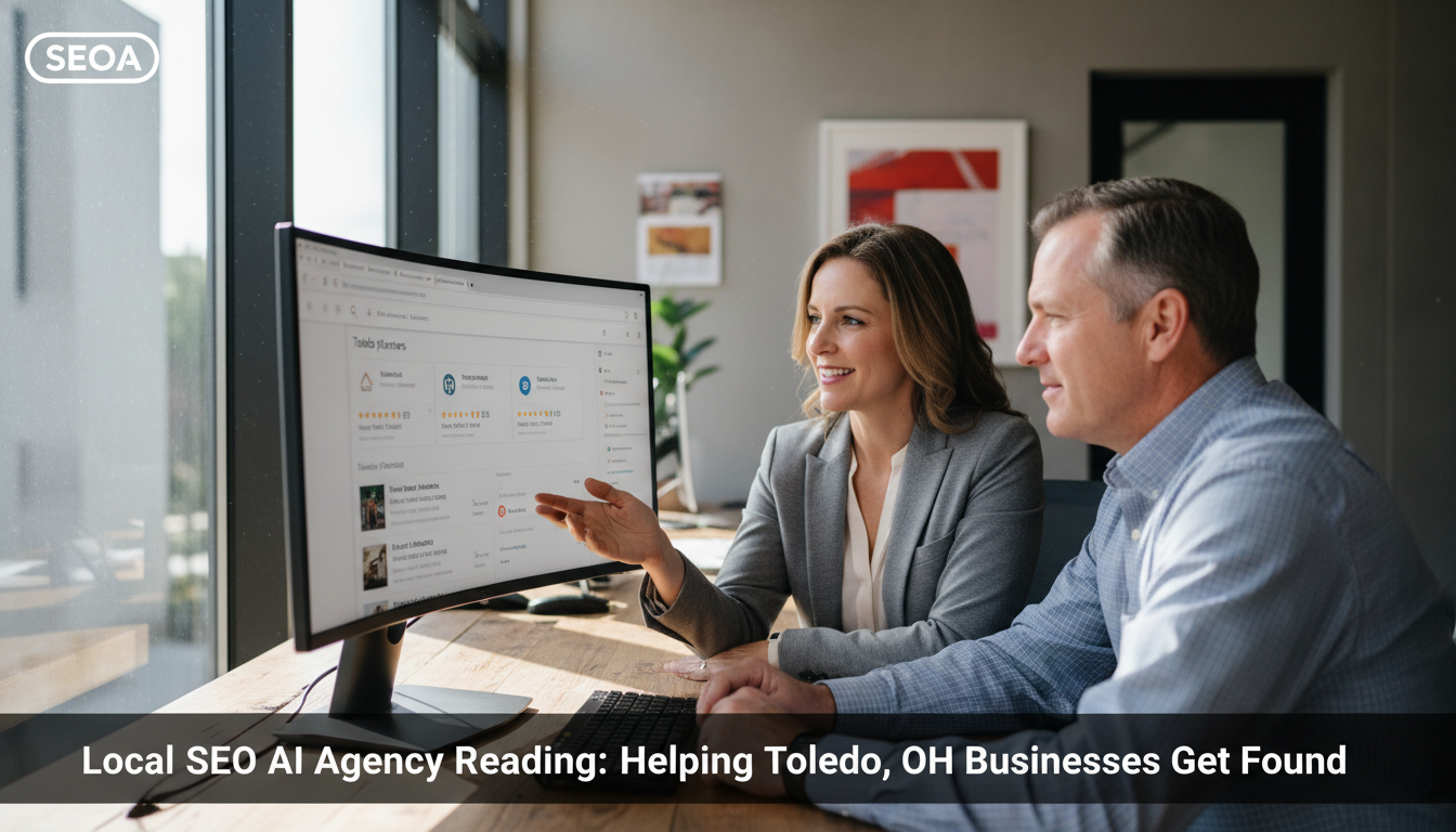 Local SEO consultant reviewing search rankings with Reading business client in modern office