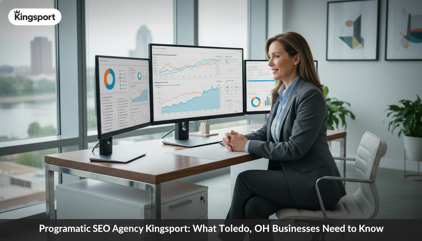 Professional marketer reviewing SEO analytics on office monitor in modern Kingsport business setting