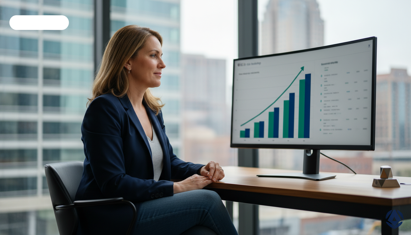 Professional Toledo business owner reviewing rising SEO analytics dashboard in modern office, AI SEO strategy, Toledo, OH