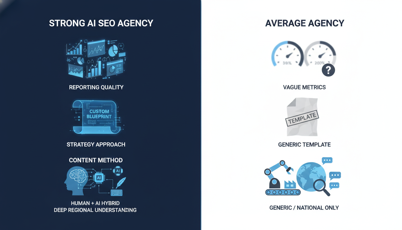 Strong vs. average AI SEO agency comparison: reporting, strategy, content, local expertise, Toledo, OH