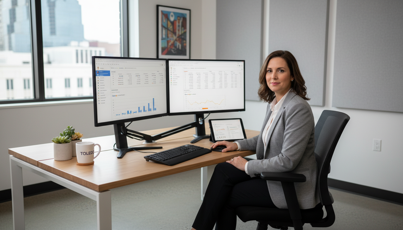 Digital marketing specialist analyzing campaign data on dual monitors in modern office, Toledo, OH