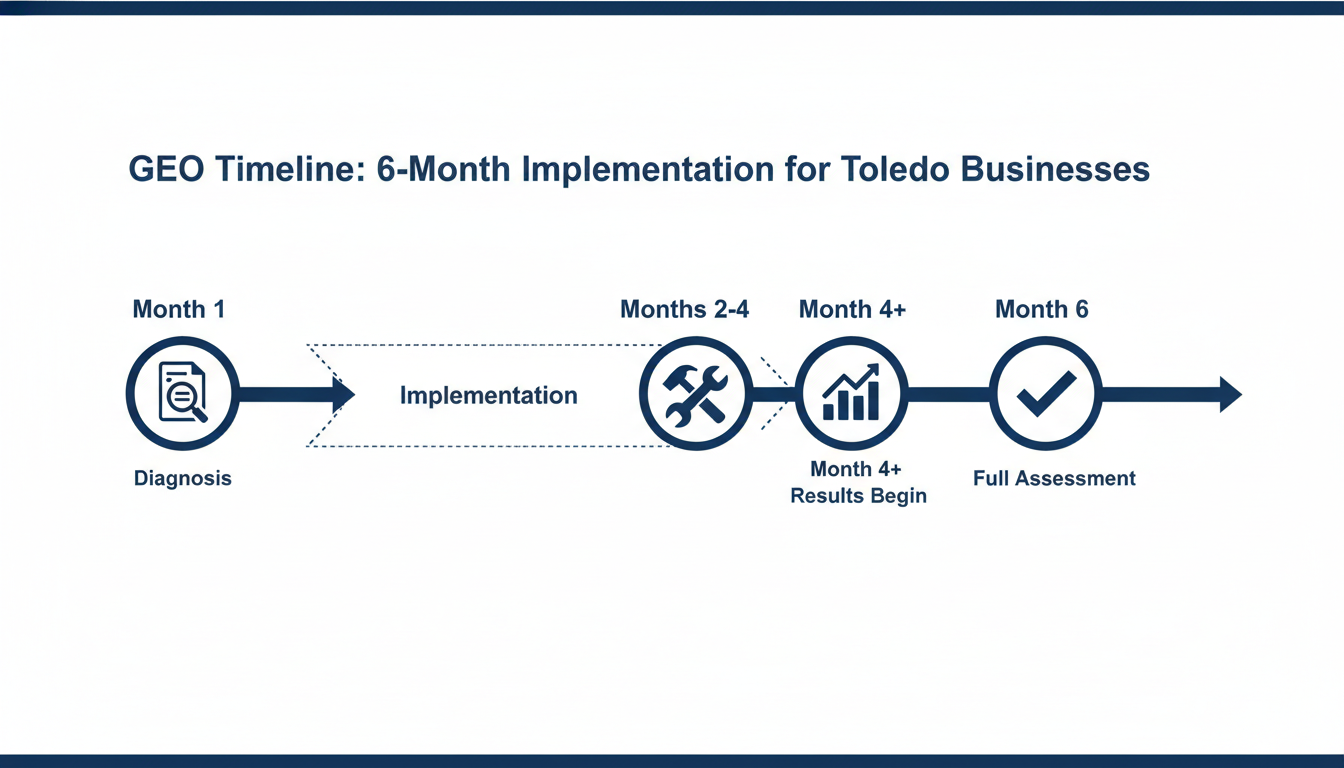 Six-month GEO implementation timeline: Diagnosis, Implementation, Results, Assessment phases
