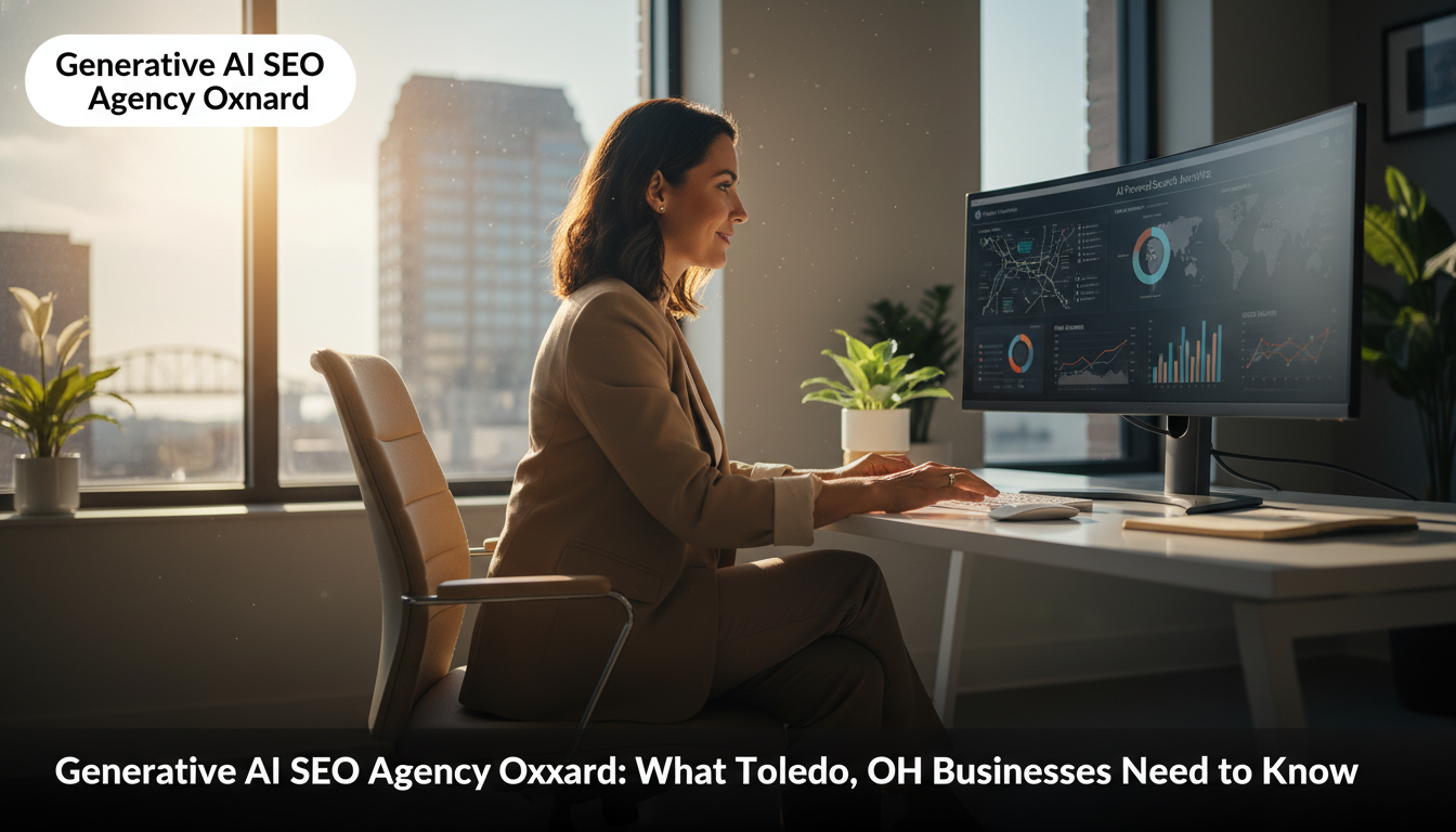 Business owner reviewing GEO analytics in modern Toledo office with computer: Generative AI SEO Agency Oxnard