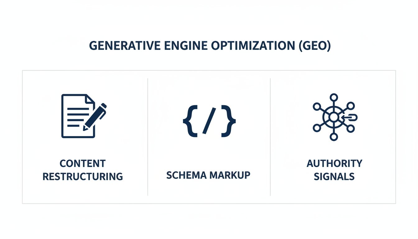 GEO technical components diagram: Content Restructuring, Schema Markup, Authority Signals