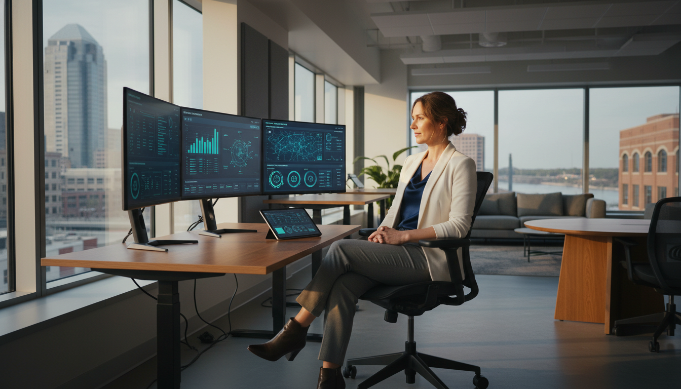 AI marketing strategist analyzing campaign data on monitors in modern office, Top Mkt, Chattanooga