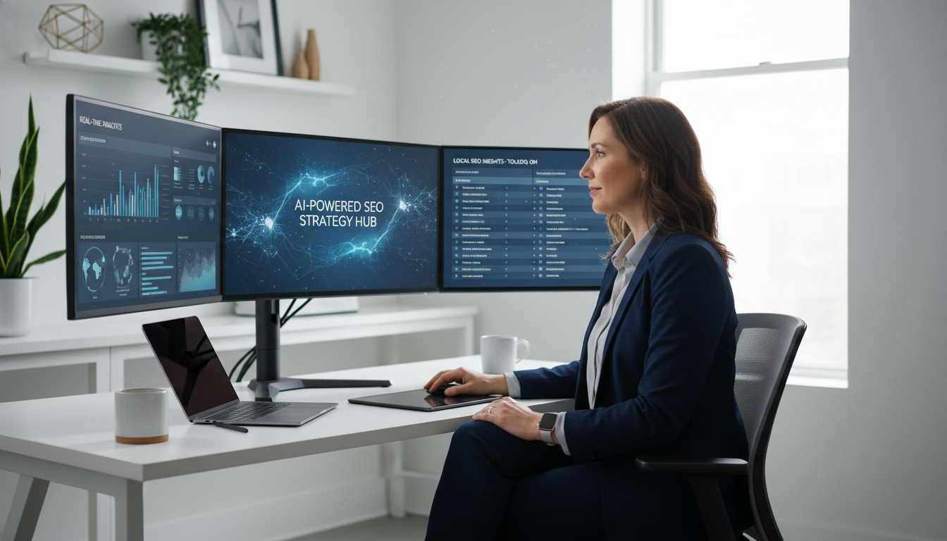 Digital marketing consultant reviewing AI SEO strategy on monitors in modern office, Palm Bay SEO service