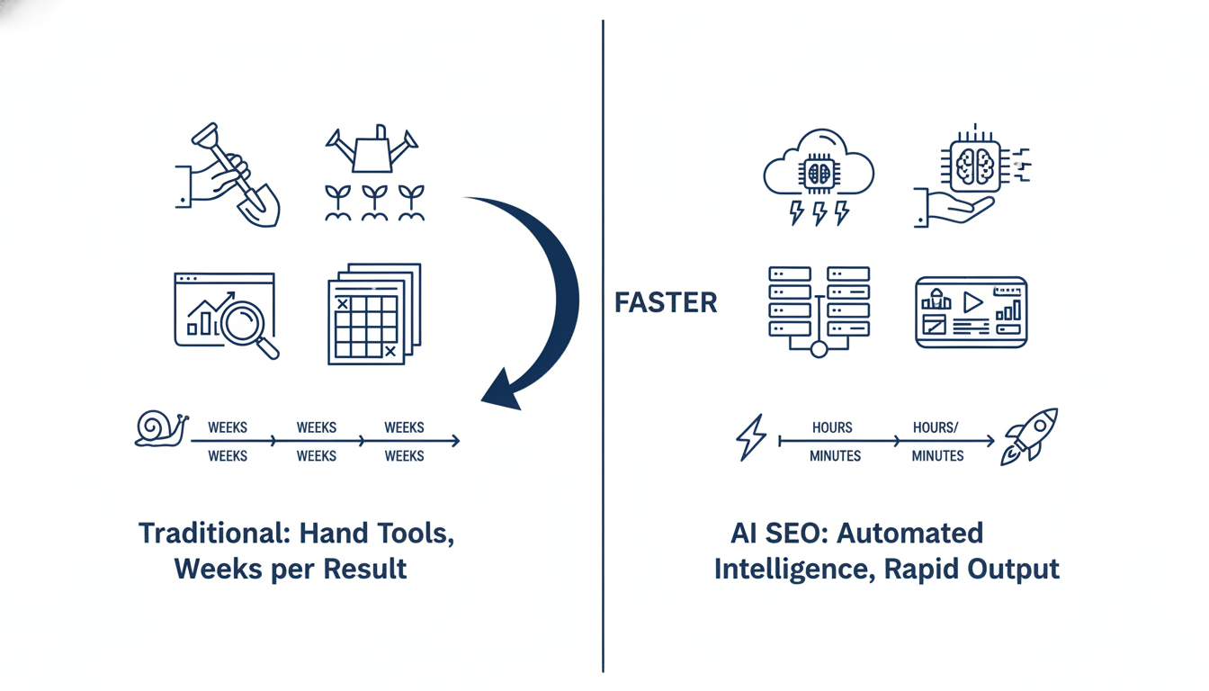 Comparison diagram of traditional SEO vs AI SEO showing speed and efficiency advantages