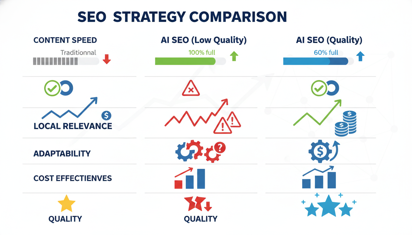 Three-column comparison matrix of traditional vs low-quality vs quality AI SEO approaches