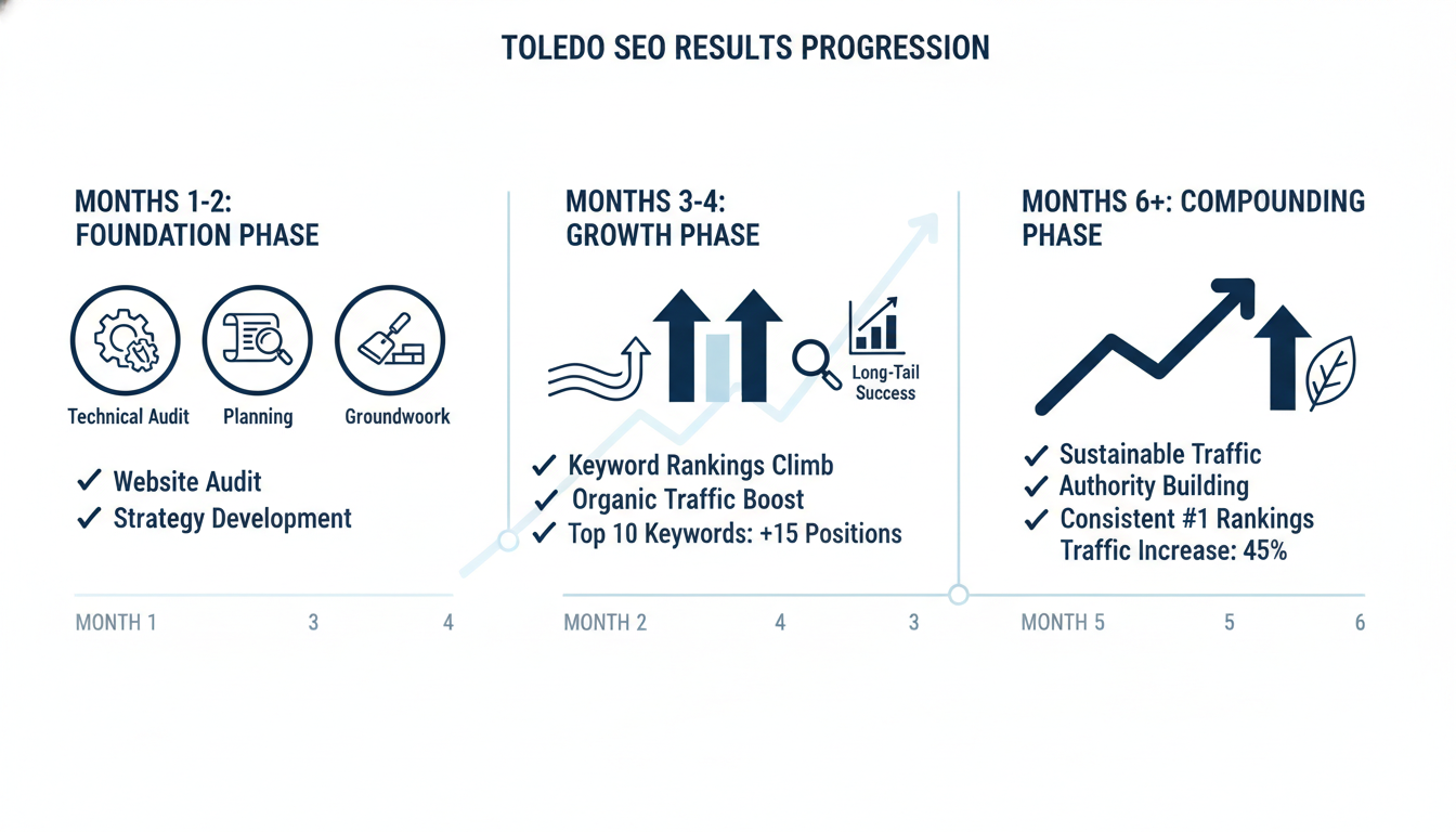 Six-month SEO results timeline showing foundation, growth, and compounding phases for Palm Bay business