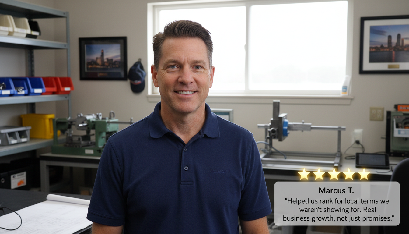Palm Bay business owner testimonial with 5-star review about local SEO ranking improvements