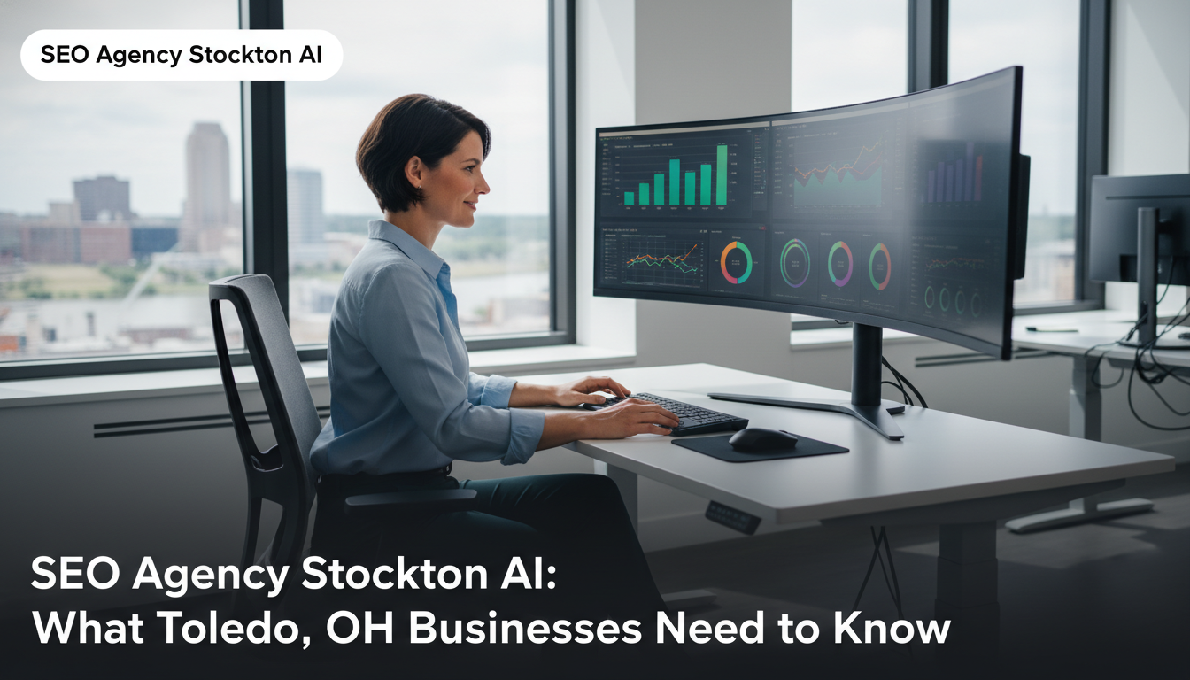 SEO strategist reviewing analytics dashboards in modern Stockton office, SEO Hybrid services, Ohio