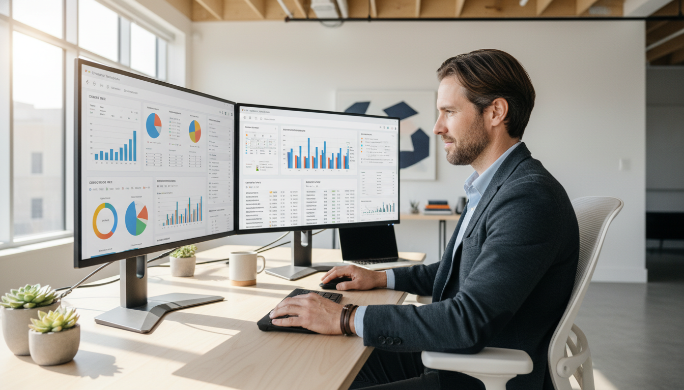 Digital marketer analyzing SEO data on dual monitors in modern office: AI SEO Services Honolulu