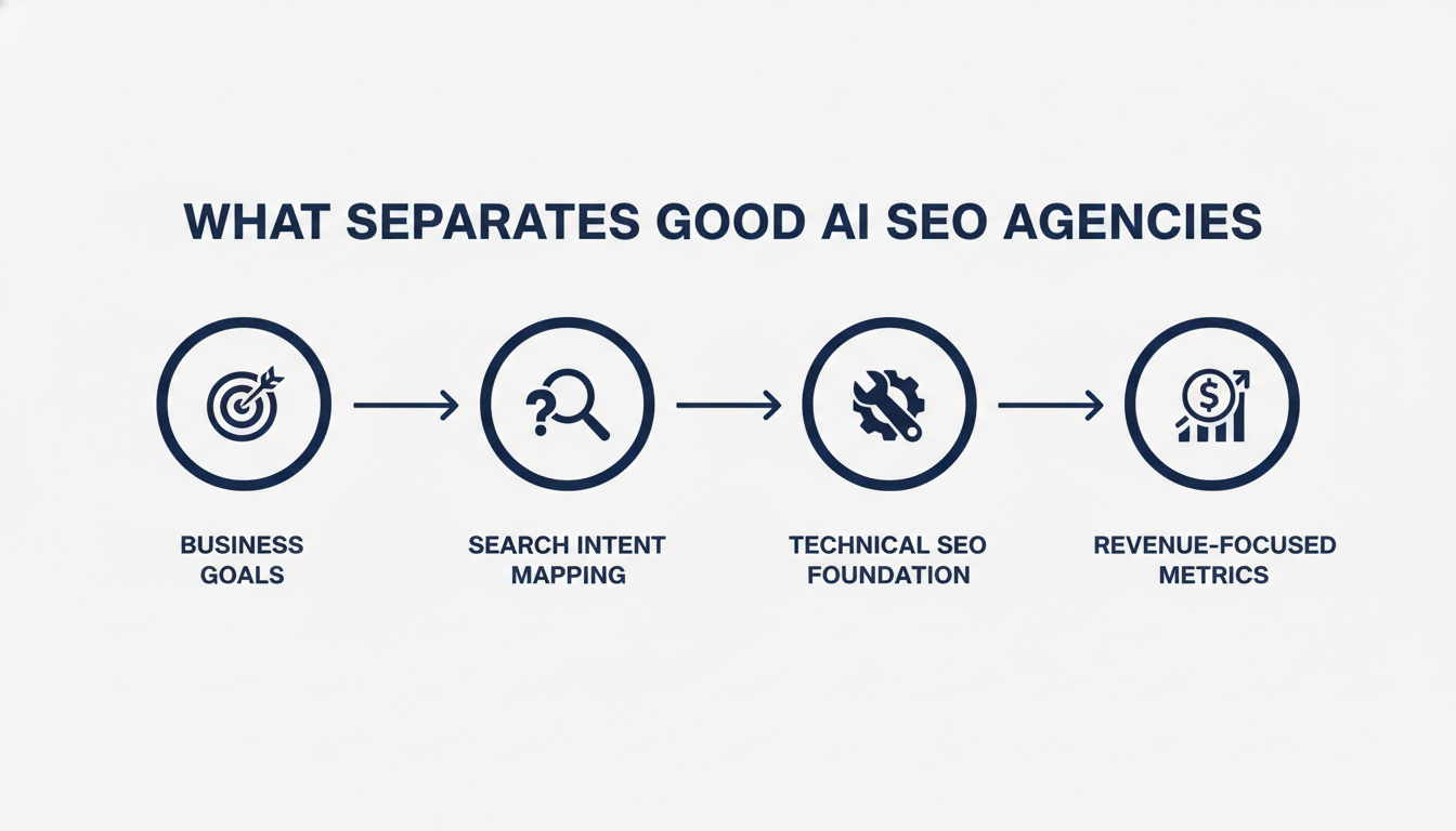 Workflow diagram showing business goals to metrics framework for good SEO agencies: Honolulu