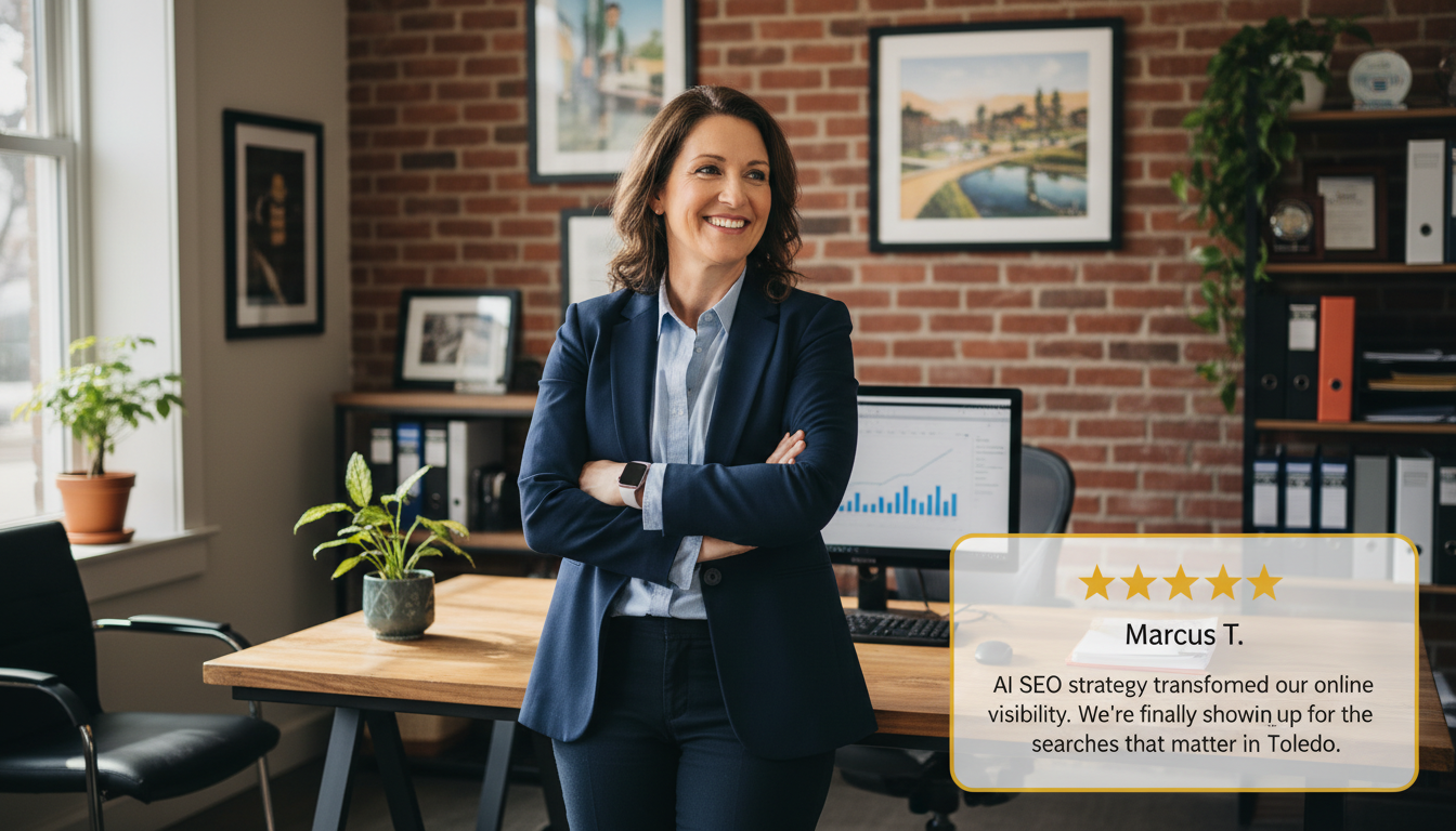 Satisfied business owner with 5-star review overlay about local SEO visibility: Honolulu Ohio