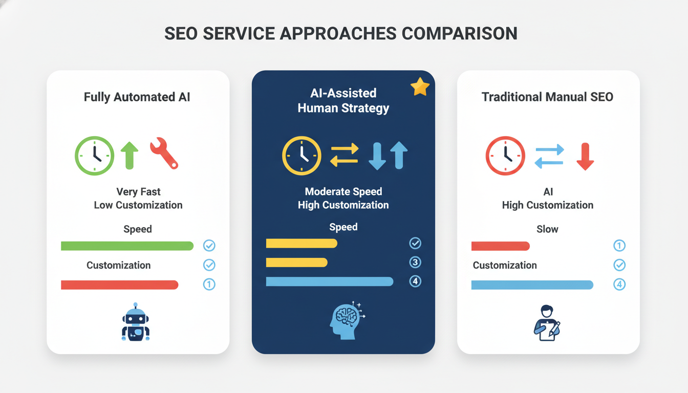 Three-column comparison of automated, AI-assisted, and manual SEO approaches: SEO Services Honolulu