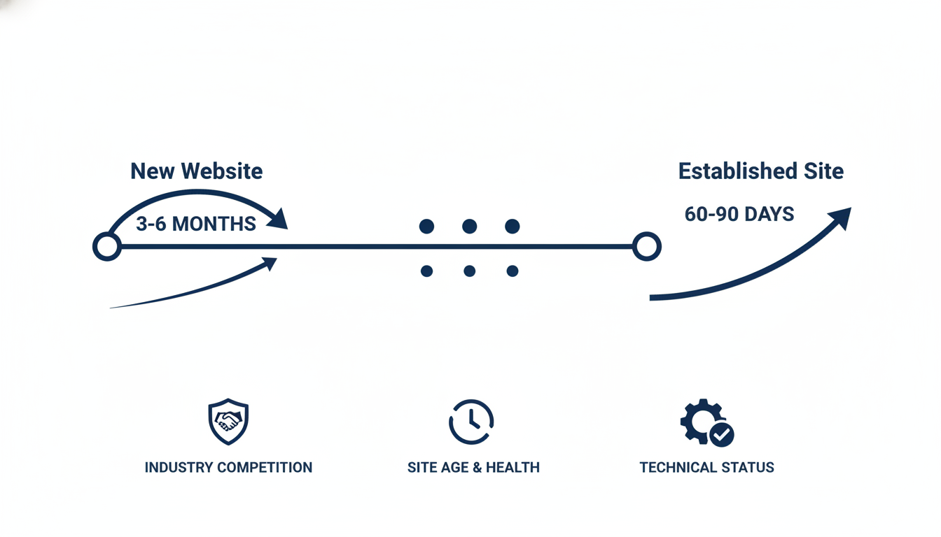 Timeline infographic showing 60-90 day and 3-6 month SEO results with key factors affecting progress, New Orleans