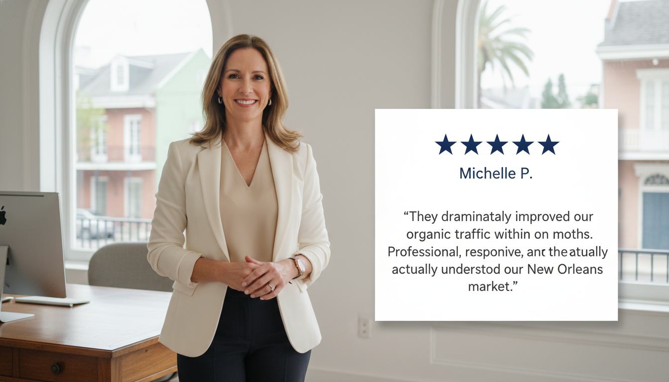 Satisfied business owner with 5-star review overlay praising improved organic traffic from AI SEO services, New Orleans