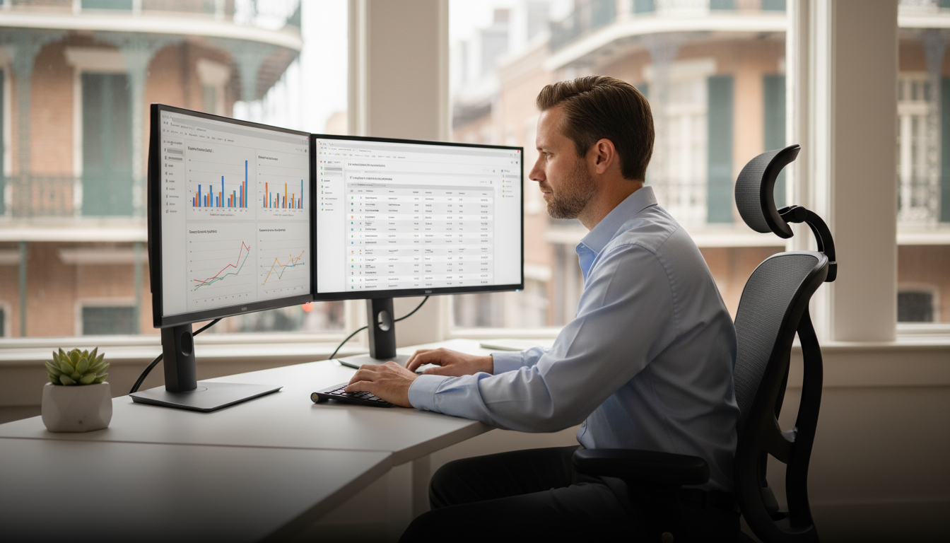 SEO strategist analyzing data dashboards in modern New Orleans office with dual monitors, AI SEO Company, New Orleans