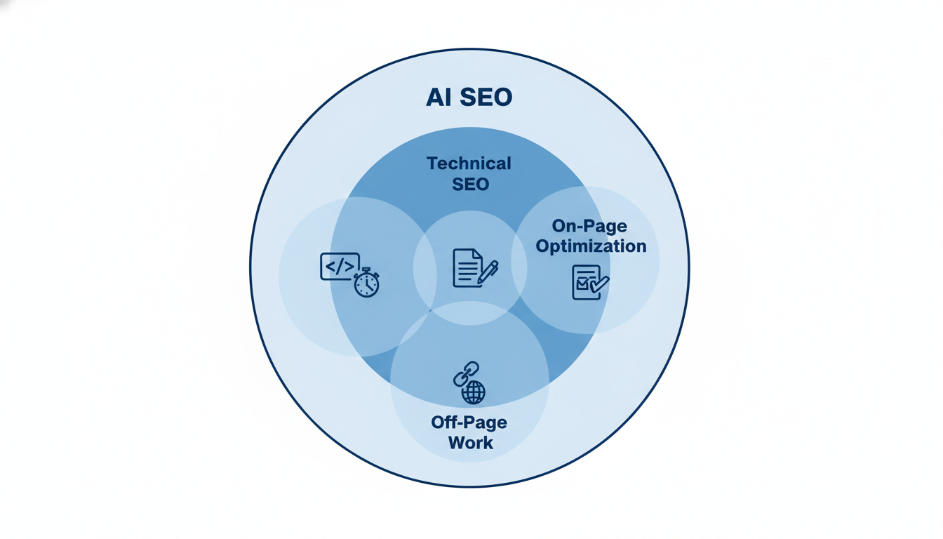 Infographic showing three layers of AI SEO: Technical SEO, On-Page Optimization, and Off-Page Work, New Orleans