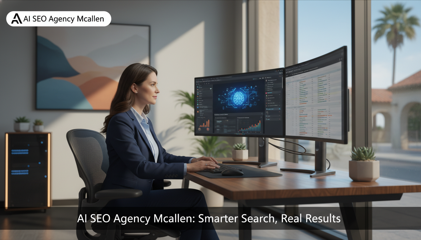 Professional SEO strategist analyzing search data in modern McAllen office, AI SEO Agency McAllen, Texas