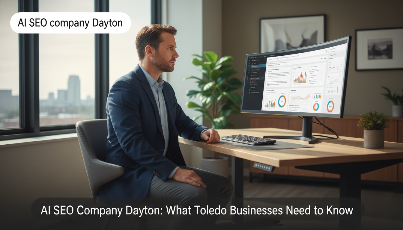 Dayton business owner reviewing AI search analytics on computer in modern office: AI SEO company Dayton service