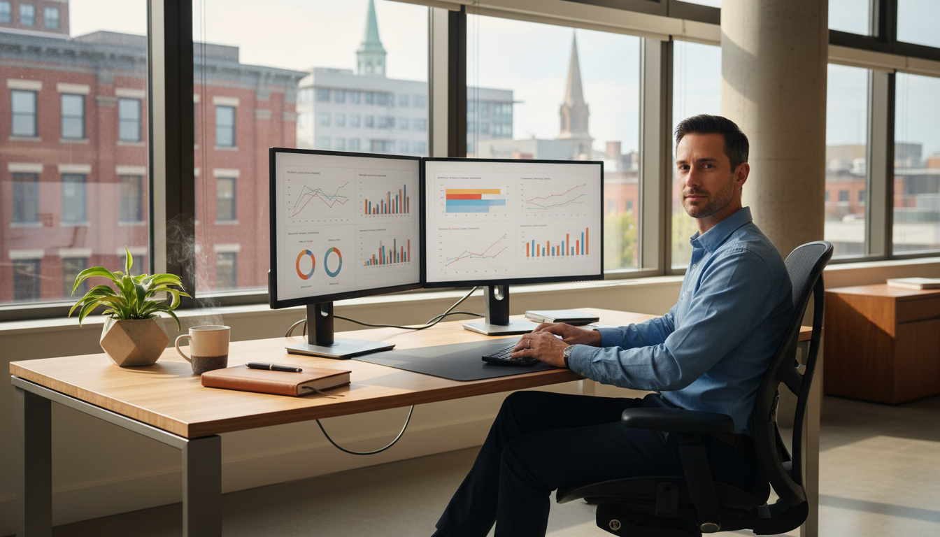 Marketing strategist working at modern office desk with analytics dashboards displayed on dual monitors in York, PA marketing agency