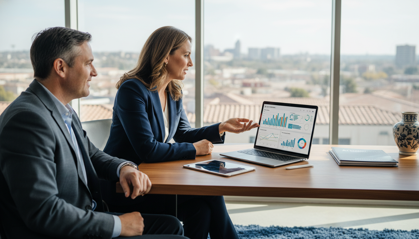 AI SEO consultant explaining strategy to Salt Lake City business owner at modern office consultation, professional environment with analytics dashboard displayed