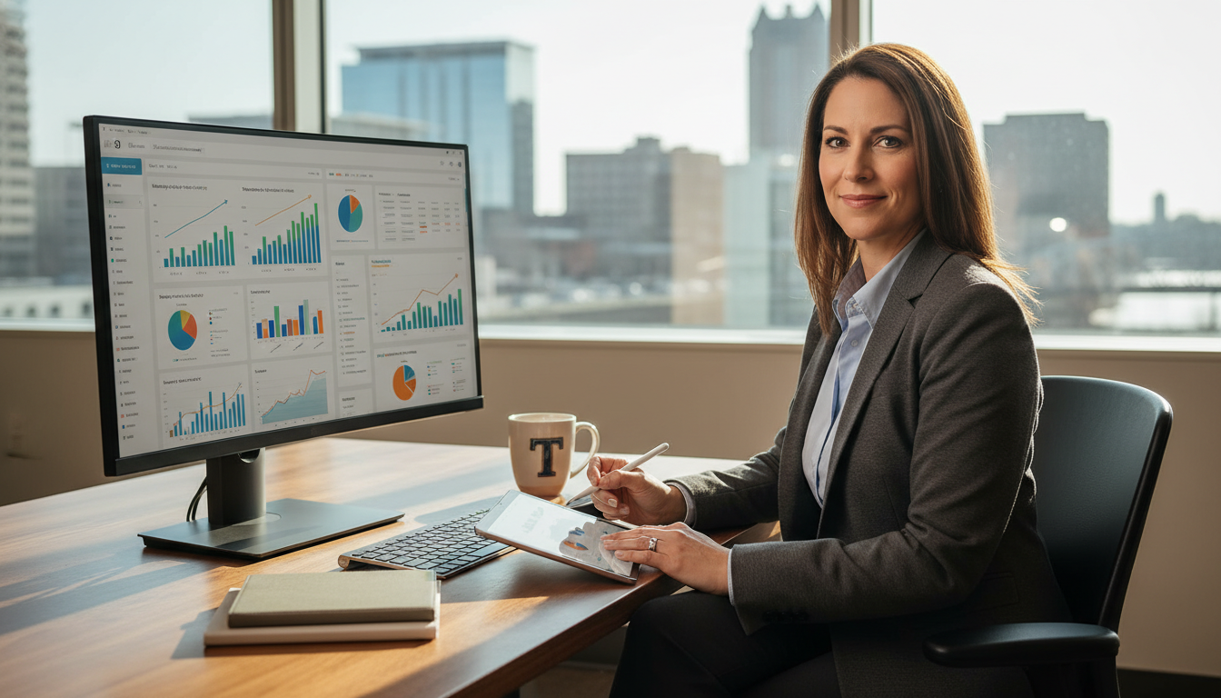 Professional Rochester business owner reviewing SEO analytics dashboard showing growth trends, modern office with city skyline view