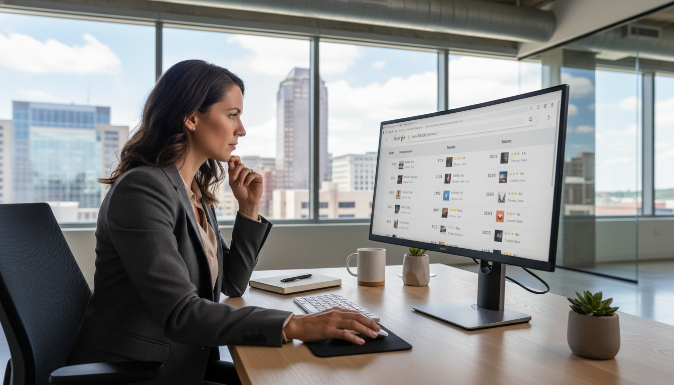 Professional business owner reviewing Google local search rankings at modern office desk, Toledo local SEO
