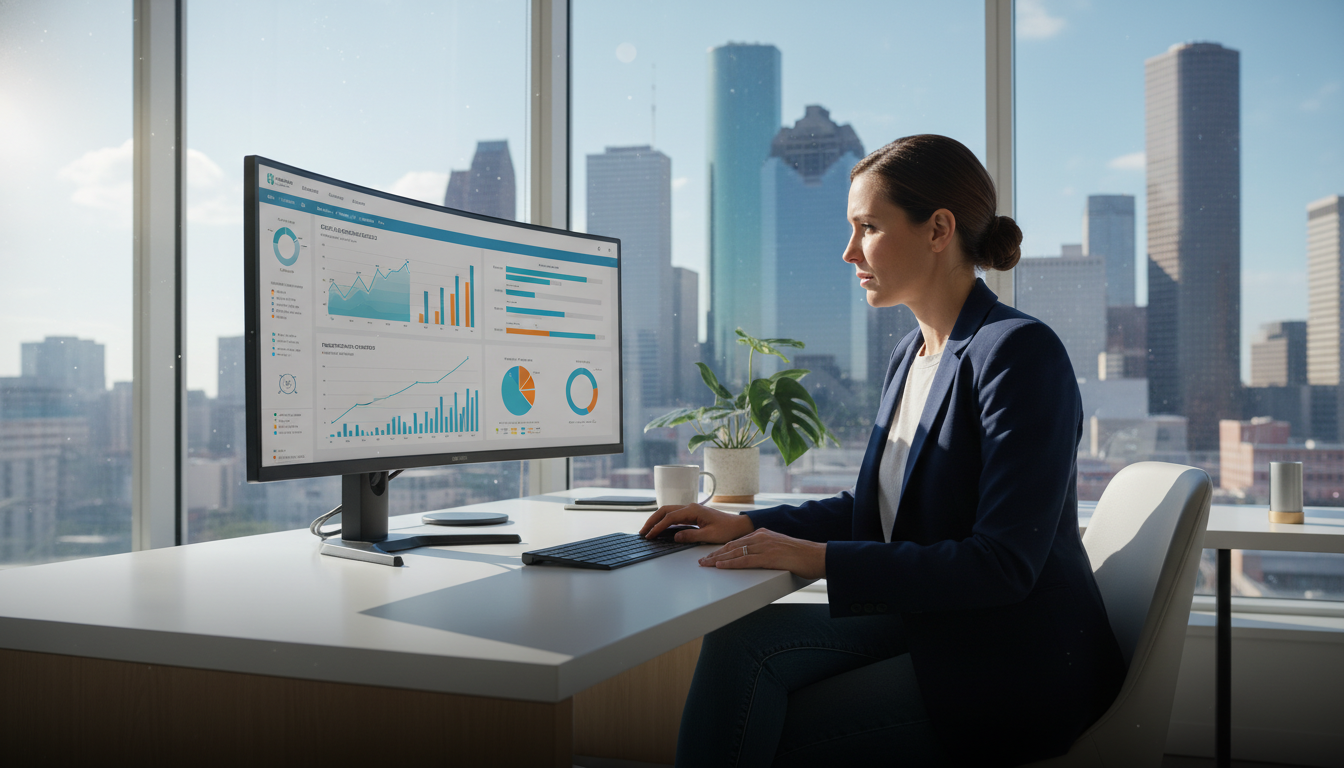Digital marketing strategist reviewing analytics dashboard in modern Houston office