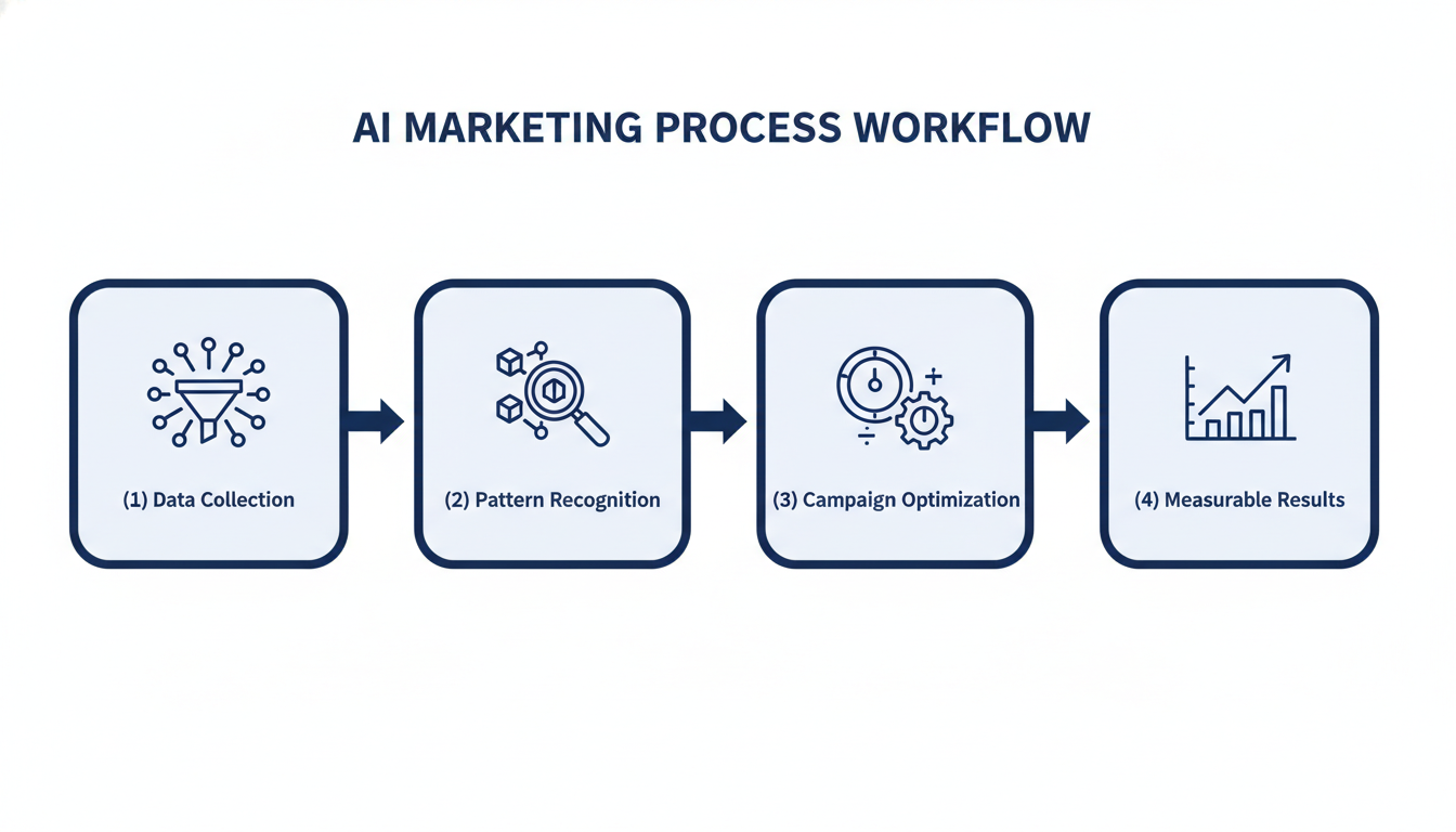 AI marketing process flow: data collection to optimization to results diagram