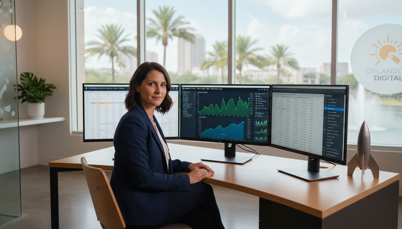 Digital strategist reviewing programmatic SEO analytics on multiple monitors in modern Orlando office, Programmatic SEO Orlando