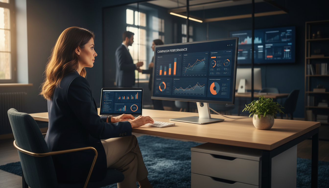 Professional marketer analyzing AI marketing analytics dashboard in modern Asheville office setting