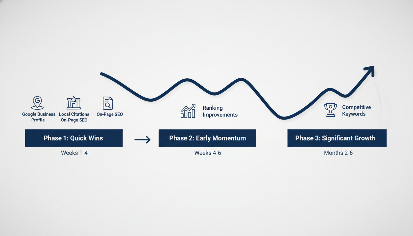 Timeline infographic showing digital marketing results progression: quick wins in weeks 1-4, momentum weeks 4-6, significant growth months 2-6