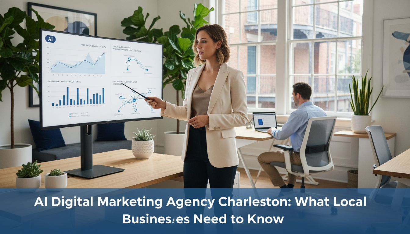 Charleston digital marketing team presenting AI analytics and growth charts in modern office with historic architecture views
